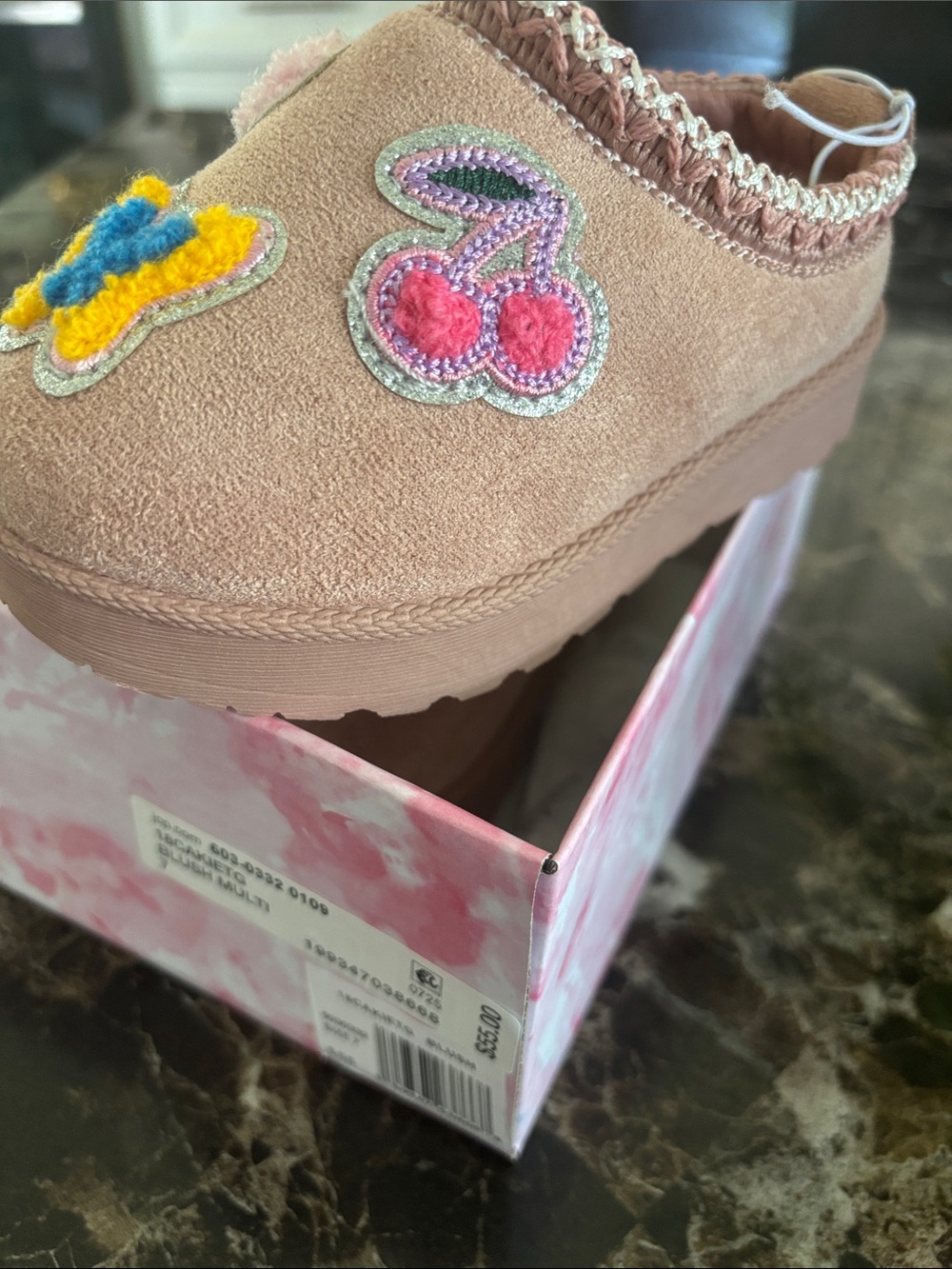 Girls Pink Slip-On Platform Slippers with Cherry Patch